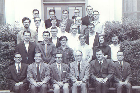 <p align="left">A photo of Estes (fourth from left in the first row) with other Members of the Institute for Mathematical Studies in the Social Sciences at Stanford in 1967. First row: Lester Hyman, Richard Atkinson, Ed Crothers, William Estes, Gordon Bower, Harley Bernbach Second row: Unknown, Bill Mahler, Richard Shiffrin, Steve Link, Elizabeth Loftus, George Wolford Third row: Gordon Allen, David Tieman, John Holmgren, Bill Thompson, David Rumelhart Fourth row: Ken Wexler, Rich Freund, John Brelsford, Leo Keller Fifth row: Mike Clark, David Wessel, Peter Shaw, Don Horst, Dewey Rundus. Members not pictured include Pat Suppes, Guy Groen, Bob Bjork, Dave Wessel, Gary Olson, Bill Batchelder, Hal Taylor, Joe Young and Jim Townsend.</p>
