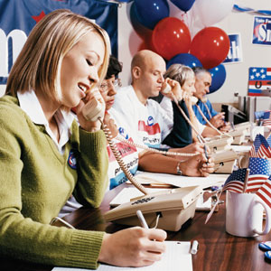 This is a photo of people making phone calls for a political campaign.
