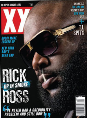 Rapper, Rick Ross on teh cover of XXL magazine wearing counterfeit Louis Vuitton sunglasses