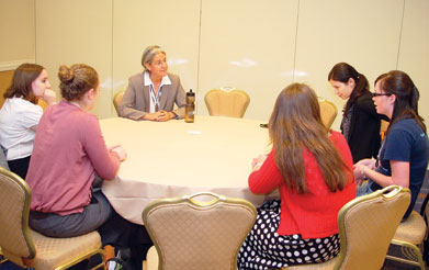 Varda Shoham talks with students at the Champions of Psychological Science roundtable. This annual event offers students an opportunity to meet leading researchers.