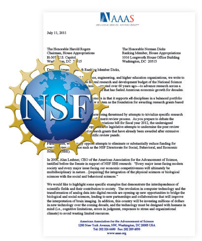 This is a photo of the the letter drafted by AAAS to be sent to the House Appropriations subcommittee that funds the National Science Foundation, asking for general NSF support against the targeting going on in Congress aimed at the Social, Behavioral and Economic Sciences Directorate.  