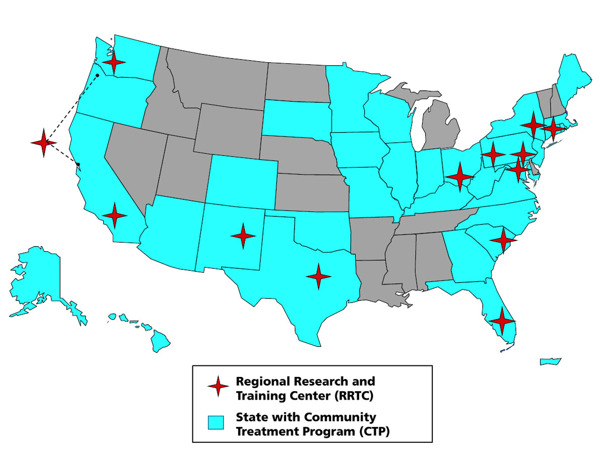 This is a photo showing US States with Regional Research and Training Centers and/or Community Treatment Programs.