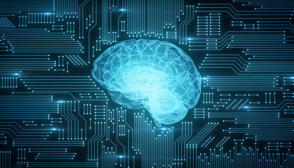 This is an illustration showing a glowing brain and circuitboard