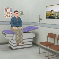 A scene from a virtual-reality scenario in which volunteer interact with an obese patient.