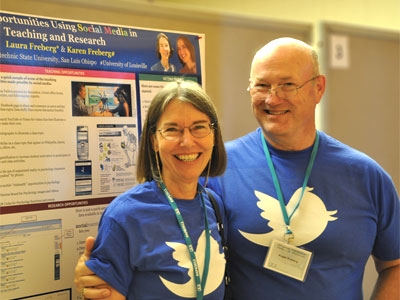 Laura Freberg and husband Roger Freberg sport Twitter t-shirts, showing their commitment to her latest investigation into social media.