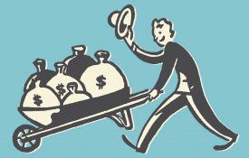 This is an illustration of a man with a wheelbarrow of money