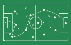 Flat green field with soccer game strategy. Vector illustration.