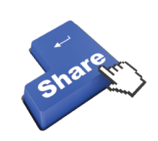This is a photo of a finger pushing a button that reads, "Share."
