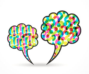 This is an image of speech bubbles with question marks and exclamation points.