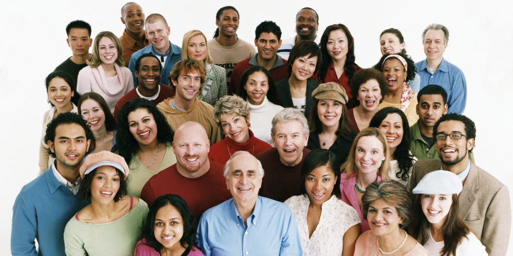 Elevated Studio Shot of a Large Mixed Age, Multiethnic Crowd of Men and Women