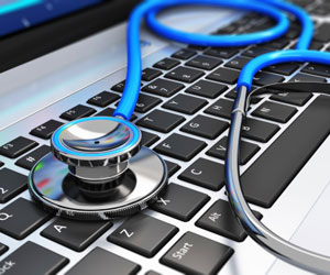 This is a photo of a stethoscope on a laptop.