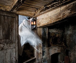 This is a photo of a ghost passing through the door in a old building.