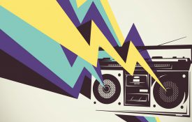 Retro radio with colorful abstraction.