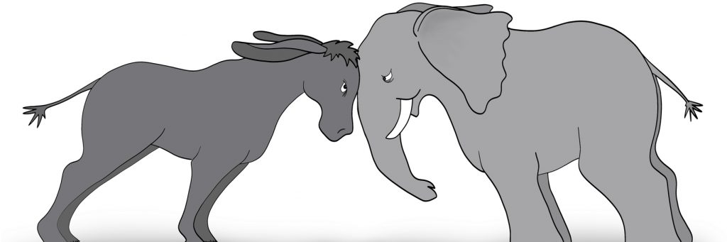 An illustration of a United States donkey (Democratic party) and an elephant (Republican party) going head-to-head.