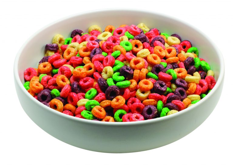 A picture of a bowl of fruity cereal.