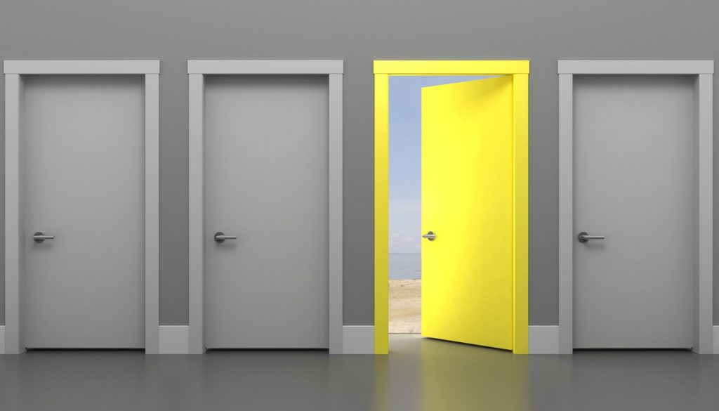 This is an illustration of a series of gray doors with one open yellow door.