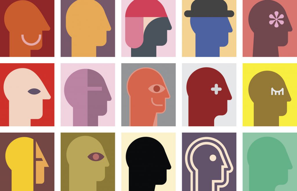 This is an illustration of diverse and colorful silhouettes of human heads