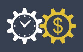 This is an illustration of a clock in a gear interlocking with a gear that has a dollar sign
