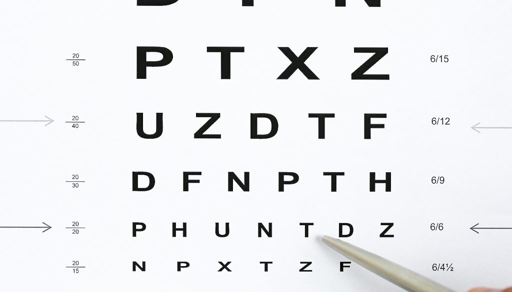 Ballpoint pen pointing to letter on eye exam chart.
