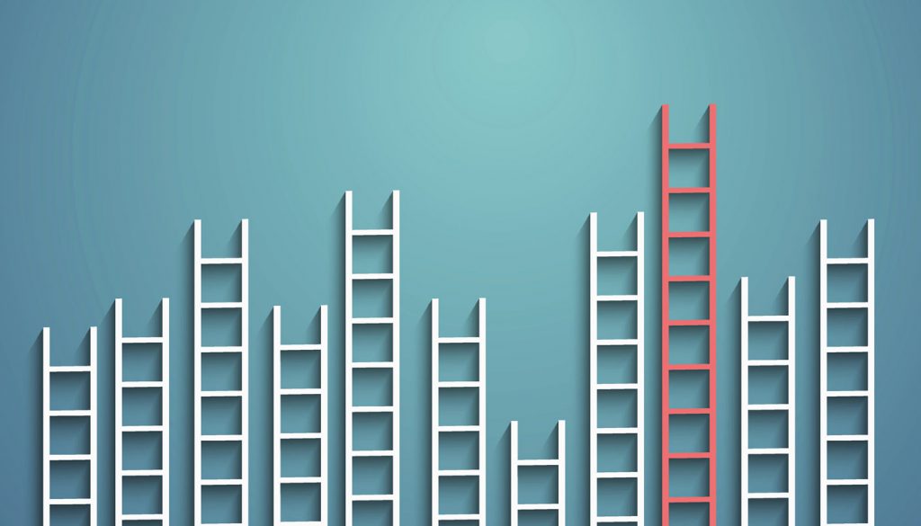 Ladders of different heights against a teal background
