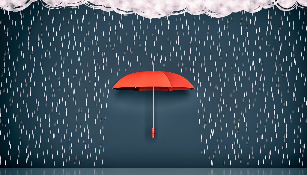 This is an illustration of a red umbrella blocking rainfall against a dark background