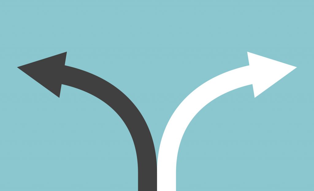 Black and white curved arrows showing directions on turquoise blue background.