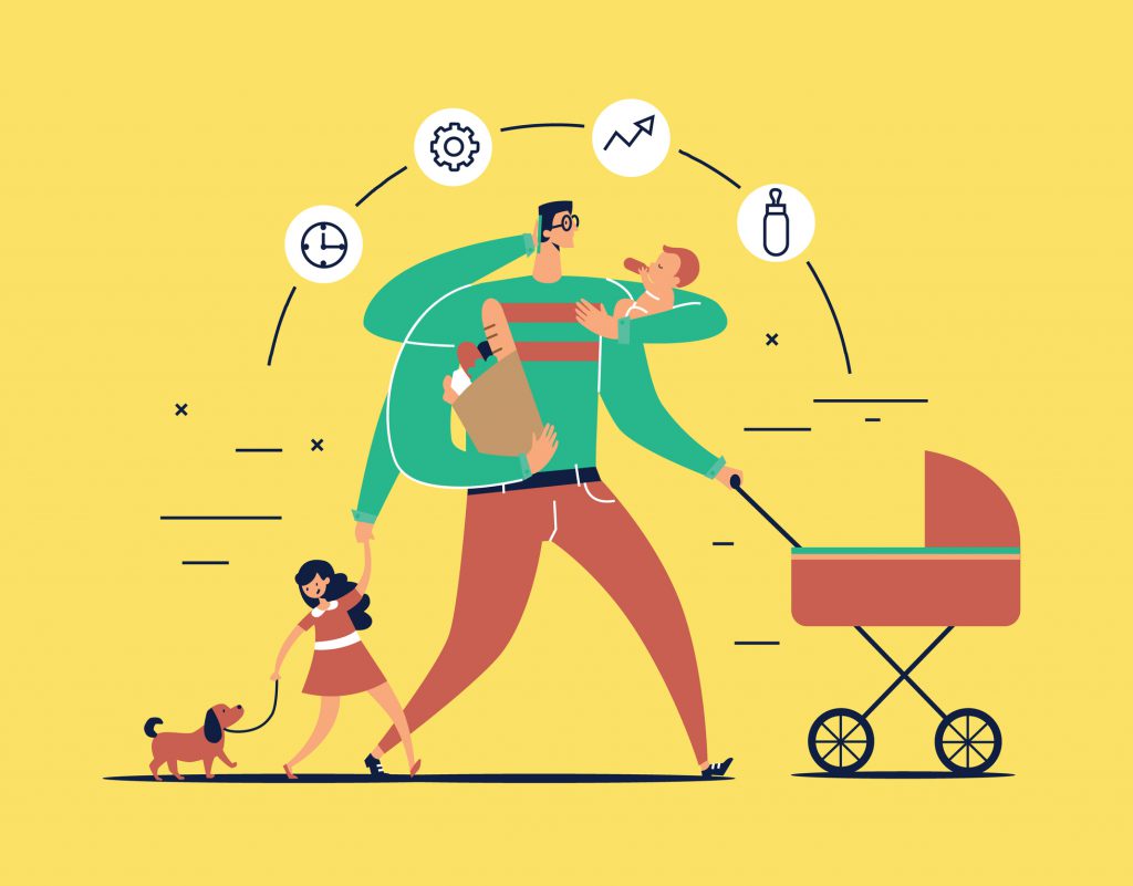 Man with task icons around head and several arms carries newborn child, stroller, bag with food, talks on phone and leads daughter walking dog on leash.