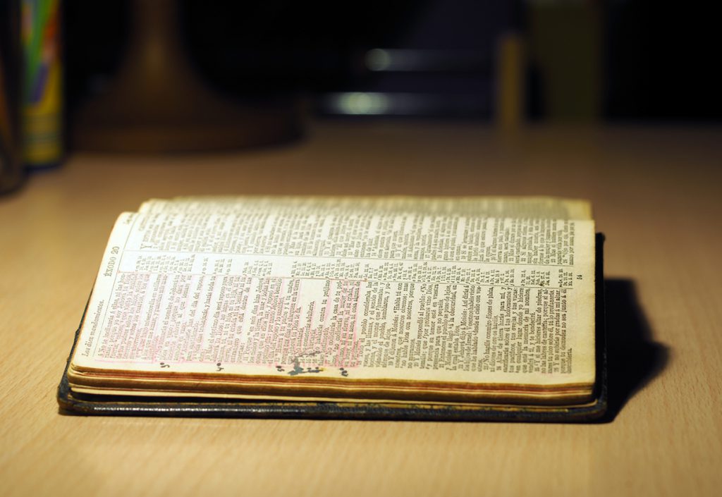 This is a photo of a Bible open to the Ten Commandments.