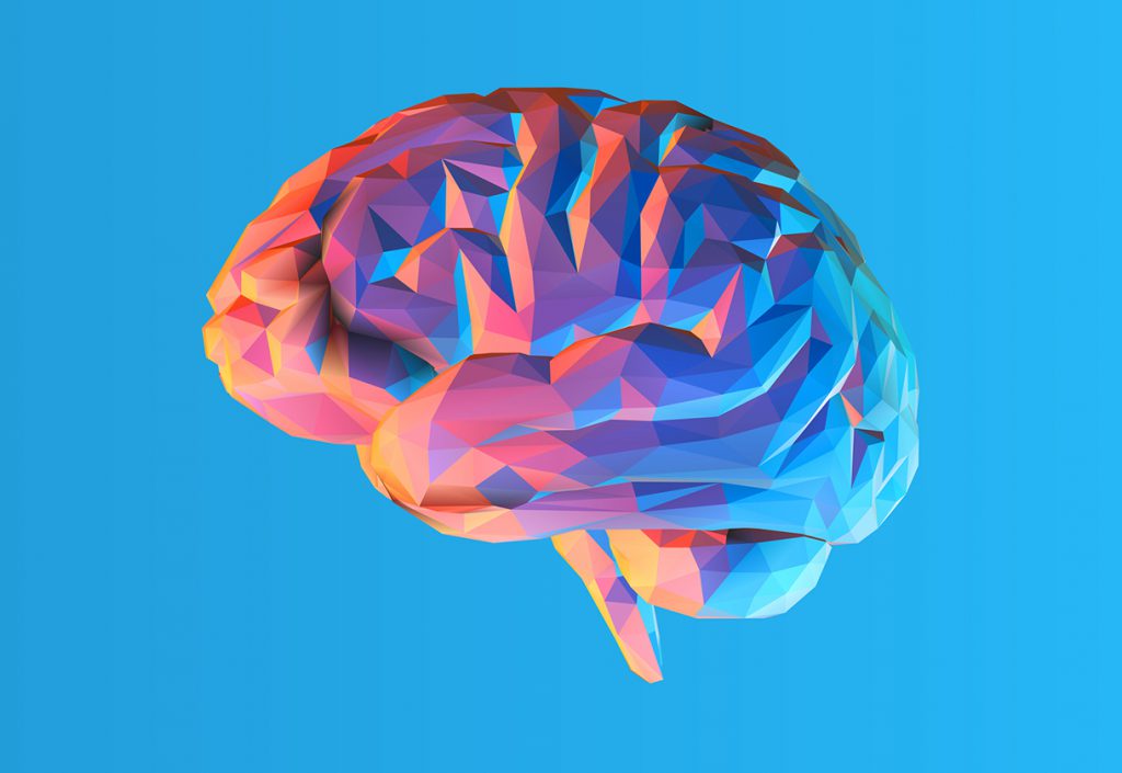 Low poly brain illustration isolated on blue background