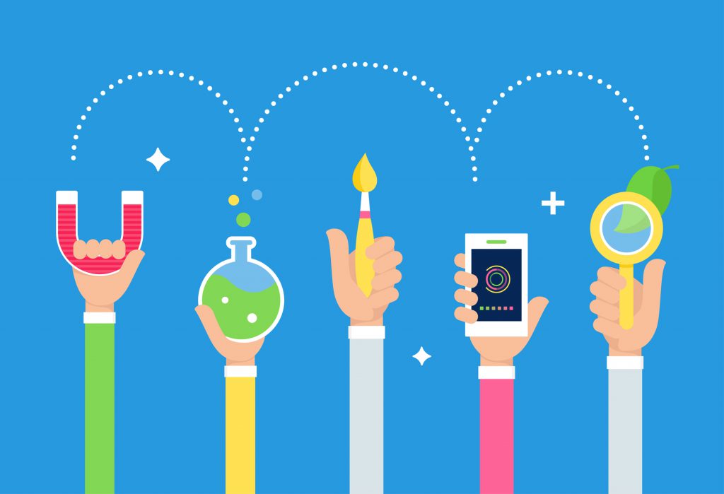 Vector design of student hands holding art and science tools