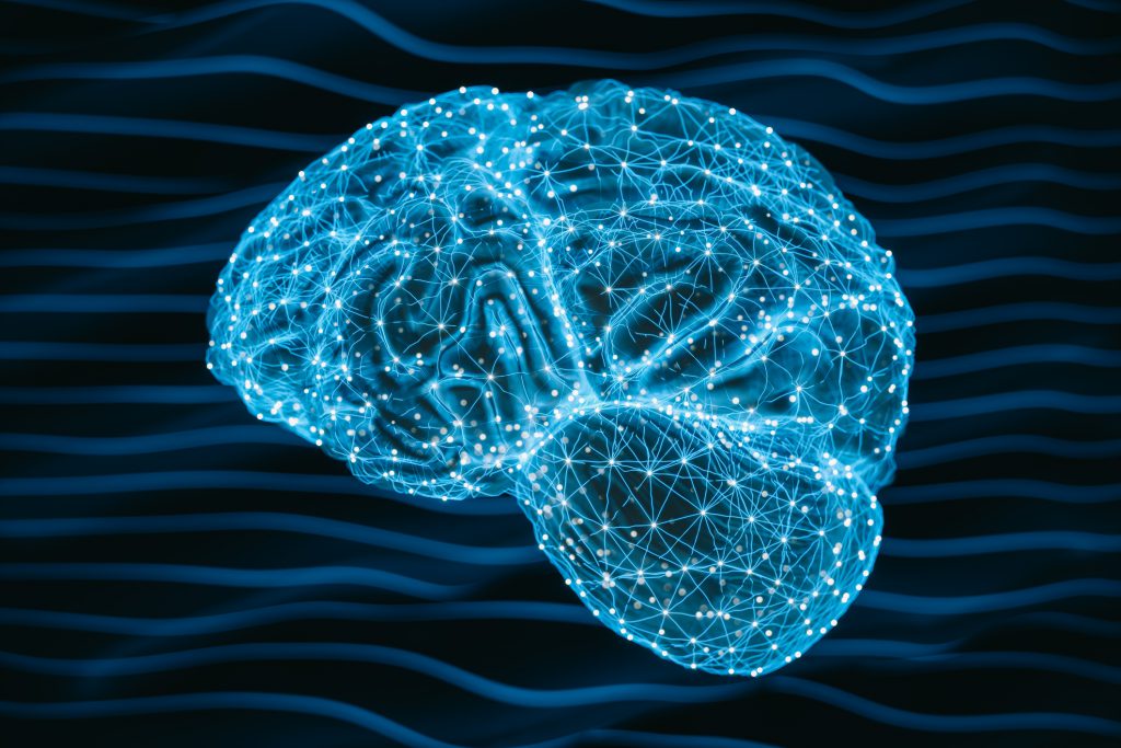 3d human brain with neural connections on abstract background.