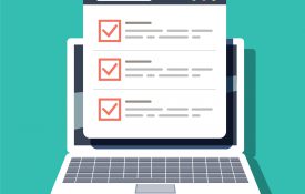 Graphic of a laptop open with a survey on it