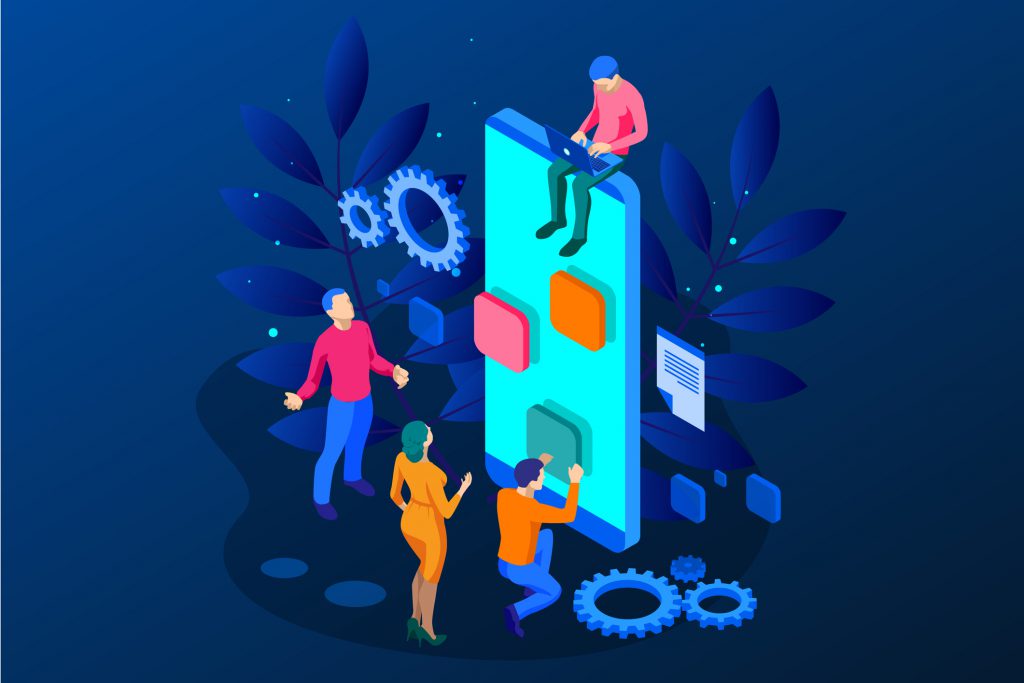 Graphic of people working on app/technology development