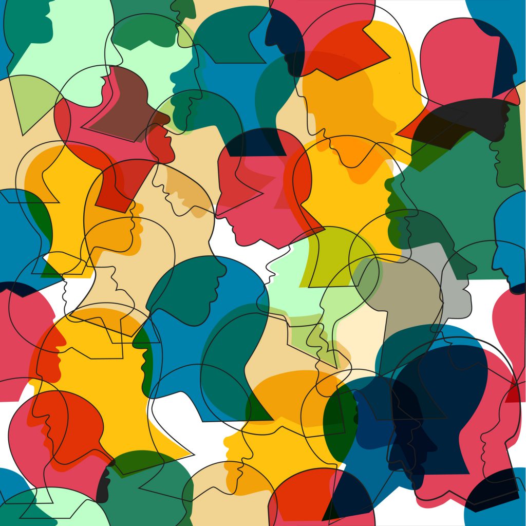Seamless pattern of a crowd of many different people profile heads.