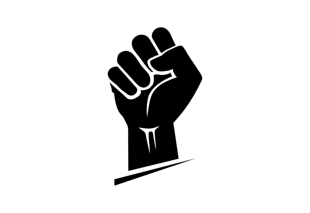 Black hand icon raised in a clenched fist. Freedom sign and protest symbol.