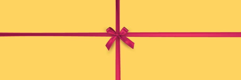 Yellow background with a large red bow.