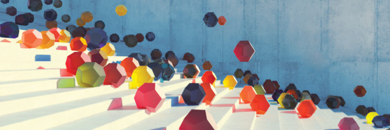 Colorful geometric spheres rolling down an animated staircase.