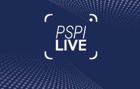 PSPI Live graphic art, blue with white lettering and decorative dots.