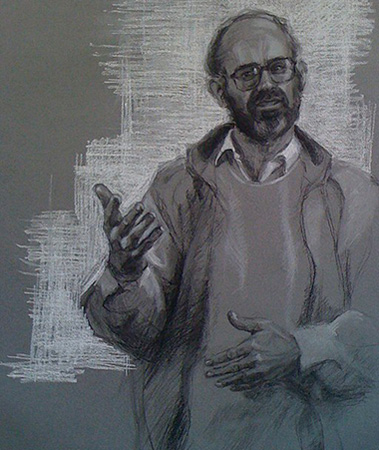 A sketched image of Ignacio Martín-Baró with a gray background.