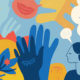 An abstract image of hands, word bubbles, and the profile of a face.