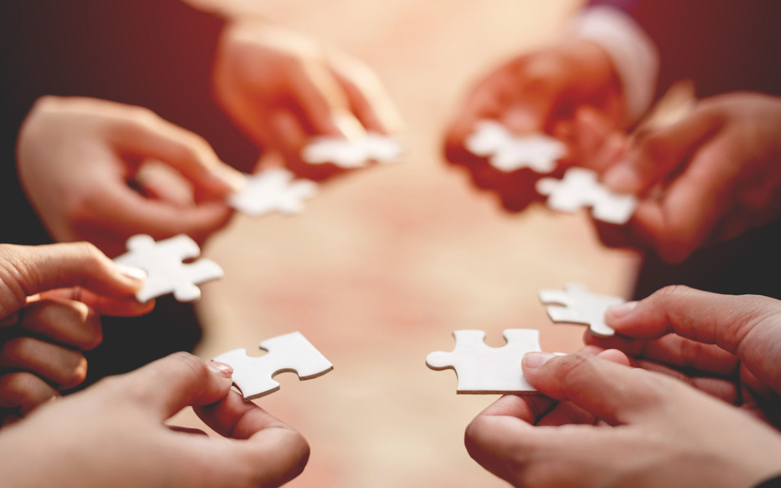 Eight hands hold puzzle pieces together
