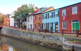 A view of Georgetown, DC, rowhouses.