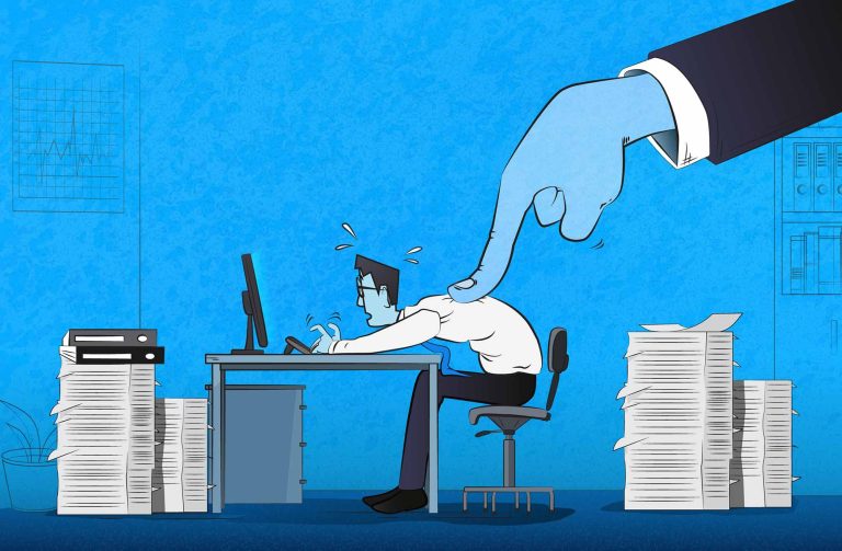 Illustration of an employee at a desk being pressed by a giant index finger.