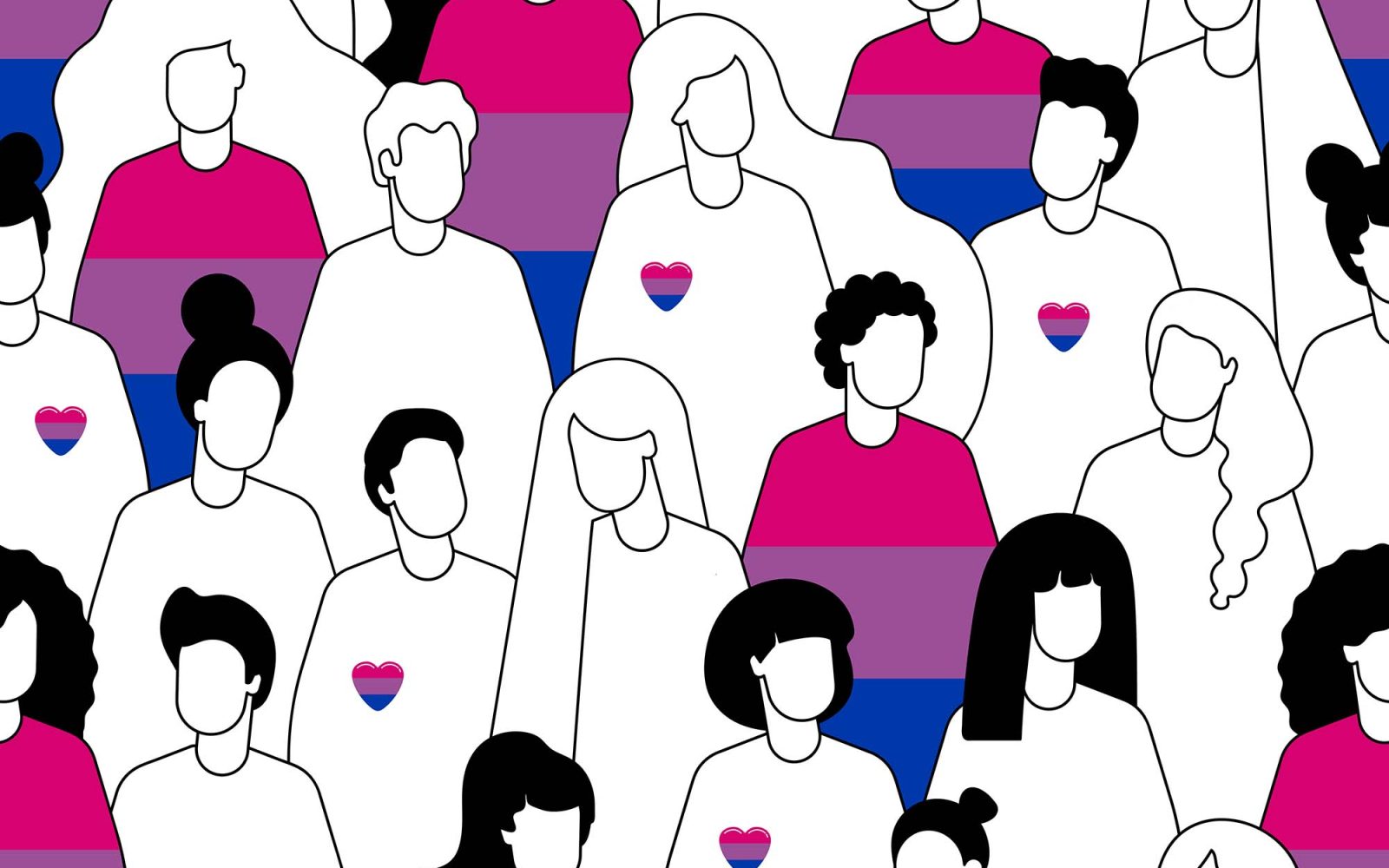 Outlines of different people with the bisexual flag alternating between filling in their heart outlines and clothes