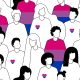 Outlines of different people with the bisexual flag alternating between filling in their heart outlines and clothes