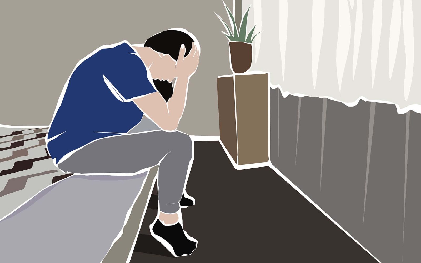 Lonely young woman with dark hair leaning her elbows on her knees while sitting on a bed, feeling depressed and stressed
