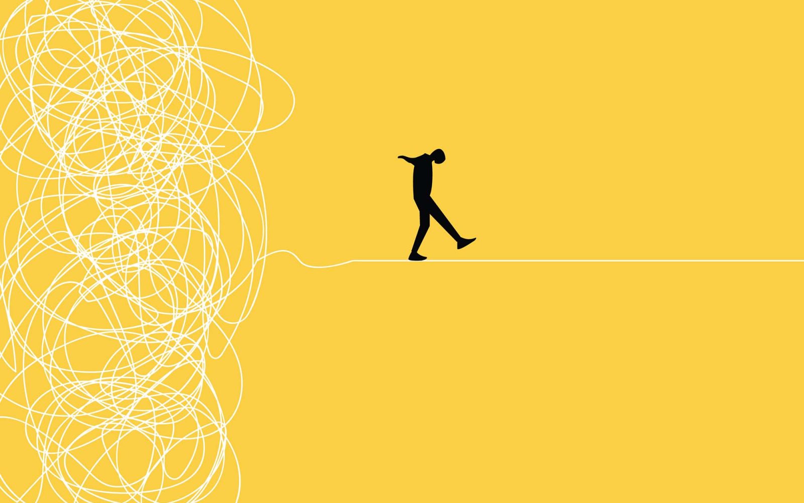Person running away from mess chaos line. Yellow background