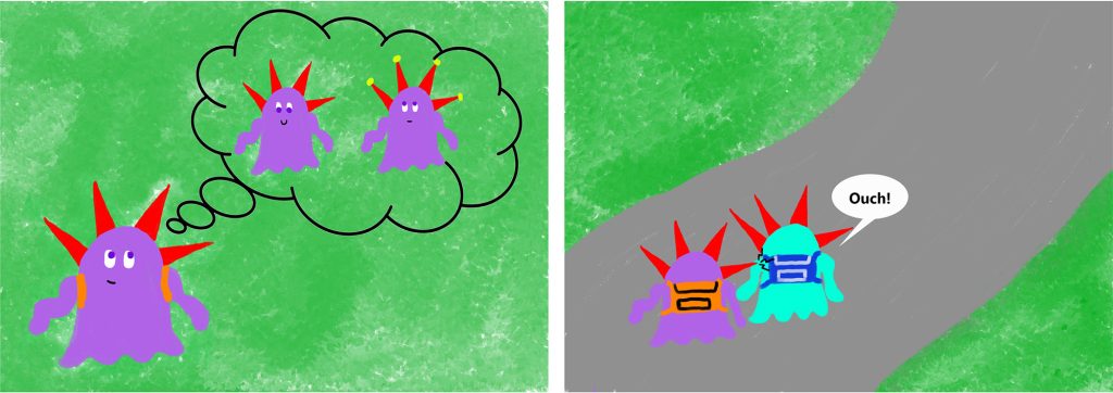 Two graphics used in the Probst et al., 2023 study. In the first image, a purple Furpee thinks of two other purple Furpees, who appear in a thought bubble. One has caps on its spikes, the other does not. In the second image, the Furpee is walking away with a blue Furpee, and because the Furpee didn't put a cap on his points, the other Furpee has a speech bubble with the word 'Ouch!' above him.