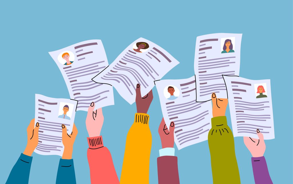 Multiple illustrated hands holding up CVs.
