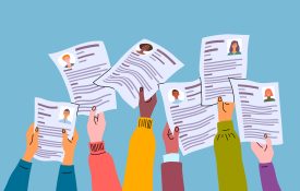 Multiple illustrated hands holding up CVs.